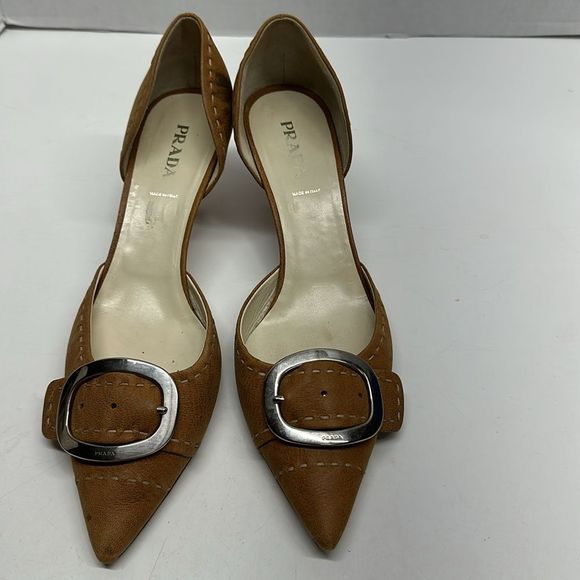 Prada Heels Low Kitten Heel Pointed Toe Buckle Suede in Light Brown Size 42 12 - Picture 3 of 16